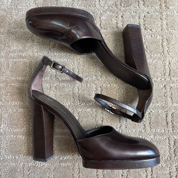 Gucci VTG 90s Mary Jane Platform Heels Womens 8.5B Brown Leather Ankle Strap Y2K - Picture 2 of 14